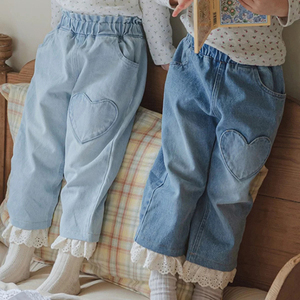 Jeans a Cuore per Bambine Primavera/Autunno, <span class=keywords><strong>Pantaloni</strong></span> Lunghi <span class=keywords><strong>Larghi</strong></span> Nuovi per Bambini, <span class=keywords><strong>Pantaloni</strong></span> Dritti a Gamba Larga, Abbigliamento Casual per Bambini - Product Image 1