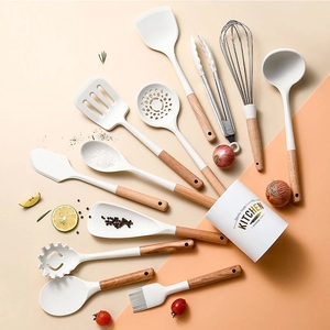 Kingwise厨房硅胶餐具套装<span class=keywords><strong>7</strong></span>/8/<span class=keywords><strong>9</strong></span>/12件木制手柄烹饪刮刀洗碗机安全餐具支架 - Product Image 2