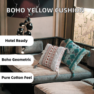 Modern Embroidered Geometric Tufted Tassel Yellow Cotton Linen <b>Cushion</b> <b>Cover</b> for Home Hotel Hospital Use - Product Image 2
