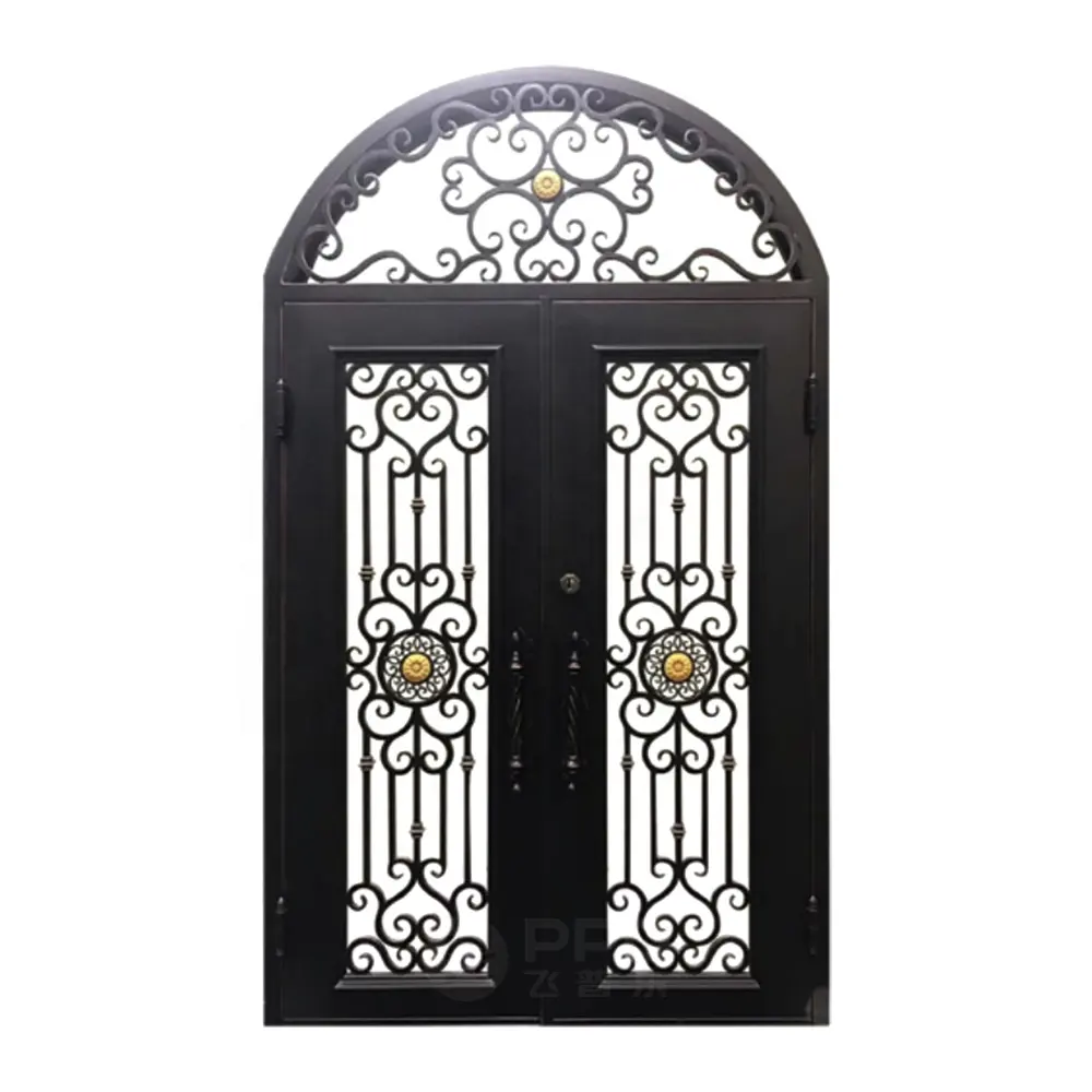 Puerta de seguridad con arco doble para entrada, puerta de hierro forjado de Metal para iglesia francesa, tamaño personalizado