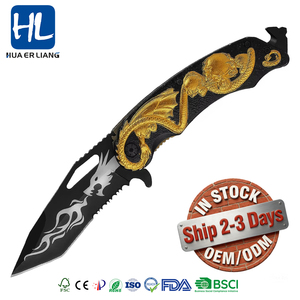 Cuchillo de Bolsillo Plegable HL con Patrón de Dragón Dorado en Relieve 3D, para Supervivencia al Aire Libre y Camping - Product Image 1