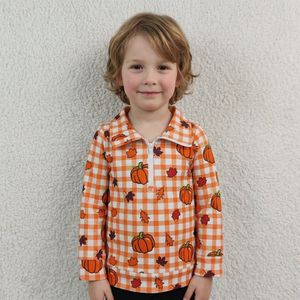 Polo à manches courtes en tissu respirant Spandex/Polyester à motif écossais citrouille pour garçons – Tenue décontractée d'automne - Product Image 1