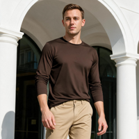 T-shirt à manches longues pour homme en coton mercerisé de qualité supérieure, tricoté, blanc, séchage rapide, respirant, 200 grammes, coupe classique, décontracté, pour tous les jours