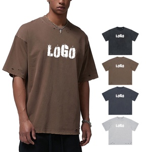 Vintage Hip Hop Unisex Serigrafía Mineral Wash Boxy Heavyweight Algodón Hombres Oversize Distressed Acid Washed Logo Camiseta personalizada - Product Image 2