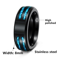 Bague en acier inoxydable noir avec incrustation de coquille d'ormeau et pierre de saphir bleu de 8 mm, alliance pour homme et femme