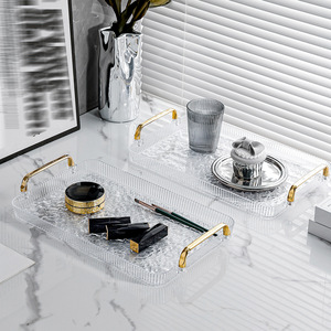 Plateau rectangulaire en acrylique transparent avec poignées dorées pour servir le thé et le café, plateaux décoratifs - Product Image 1
