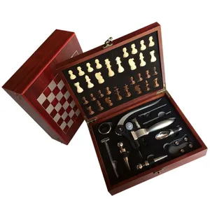 Hxy Tùy Chỉnh 2024 Phổ Biến Nhất 9Pcs Hộp Gỗ Cờ Vua Và Thỏ Rượu Vang Opener Set, Rượu Vang Thiết Lập, Rượu Vang Mở Chai Cờ Vua Thiết Lập Cho Quà Tặng