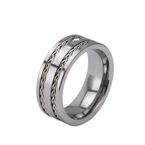 Flat Top Stainless Steel Cable Inlay Tungsten Ring, bulk tungsten ringS 2023 tungsten ring mens