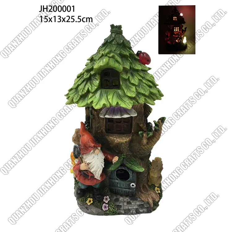 Estatua de jardín de hadas de resina personalizada, figurita de casa, casa de árbol con luces LED solares para patio interior y exterior