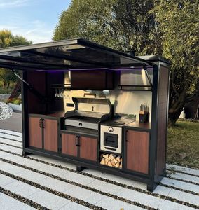 Cuisine de jardin modulaire en acier inoxydable, îlot barbecue intégré, grill à gaz, four à pizza et évier pour patio, cour arrière, glamping - Product Image 1