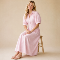 Robe chemise rayée à manches courtes pour femmes Europe & Amérique, décontractée, boutonnée, à manches bouffantes, pour les vacances d'été