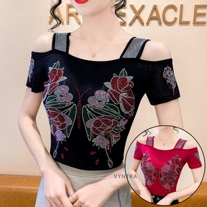 Yuhong Nuevo Diseño Blusa de Mujer con Pedrería de Pájaro, Sexy, con Hombros Descubiertos, Brillante, con Lentejuelas, <span class=keywords><strong>Camiseta</strong></span> de Manga Corta para Discoteca, Fiesta - Product Image 3