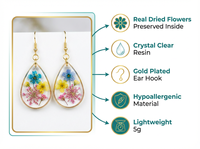 Boucles d'oreilles pendantes en résine avec fleurs séchées véritables, faites à la main, style bohème, bijoux naturels, cadeau pour femme, vente en gros