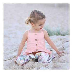 Ensembles de vêtements pour enfants, ensembles de plage pour filles sans manches avec boutons, imprimé floral et dentelle - Product Image 3