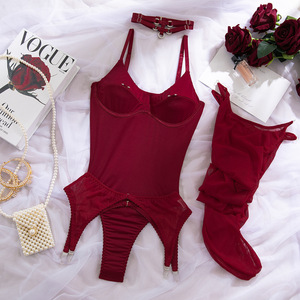 Ensemble de lingerie sexy pour femme, body gainant avec col choker, anneau métallique, fermeture éclair, jarretière de poitrine, <span class=keywords><strong>bas</strong></span>, effet push-up fessier, vente en gros, personnalisé, OEM - Product Image 5