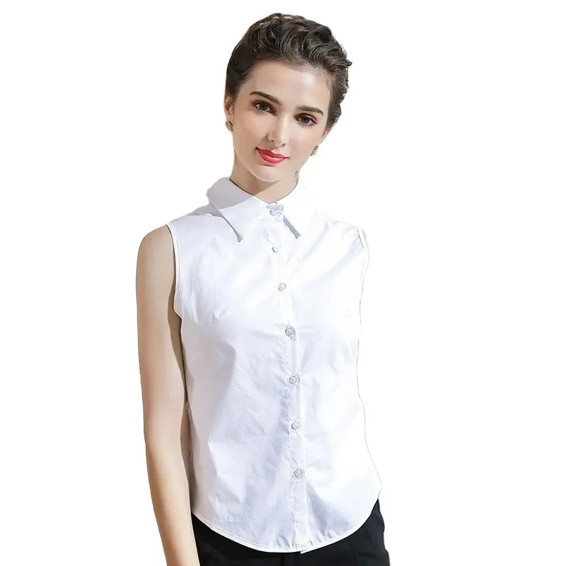 Versión coreana completa de camisa de mujer sin mangas de algodón puro camisa profesional integral con camisa de cuello falso para mujer