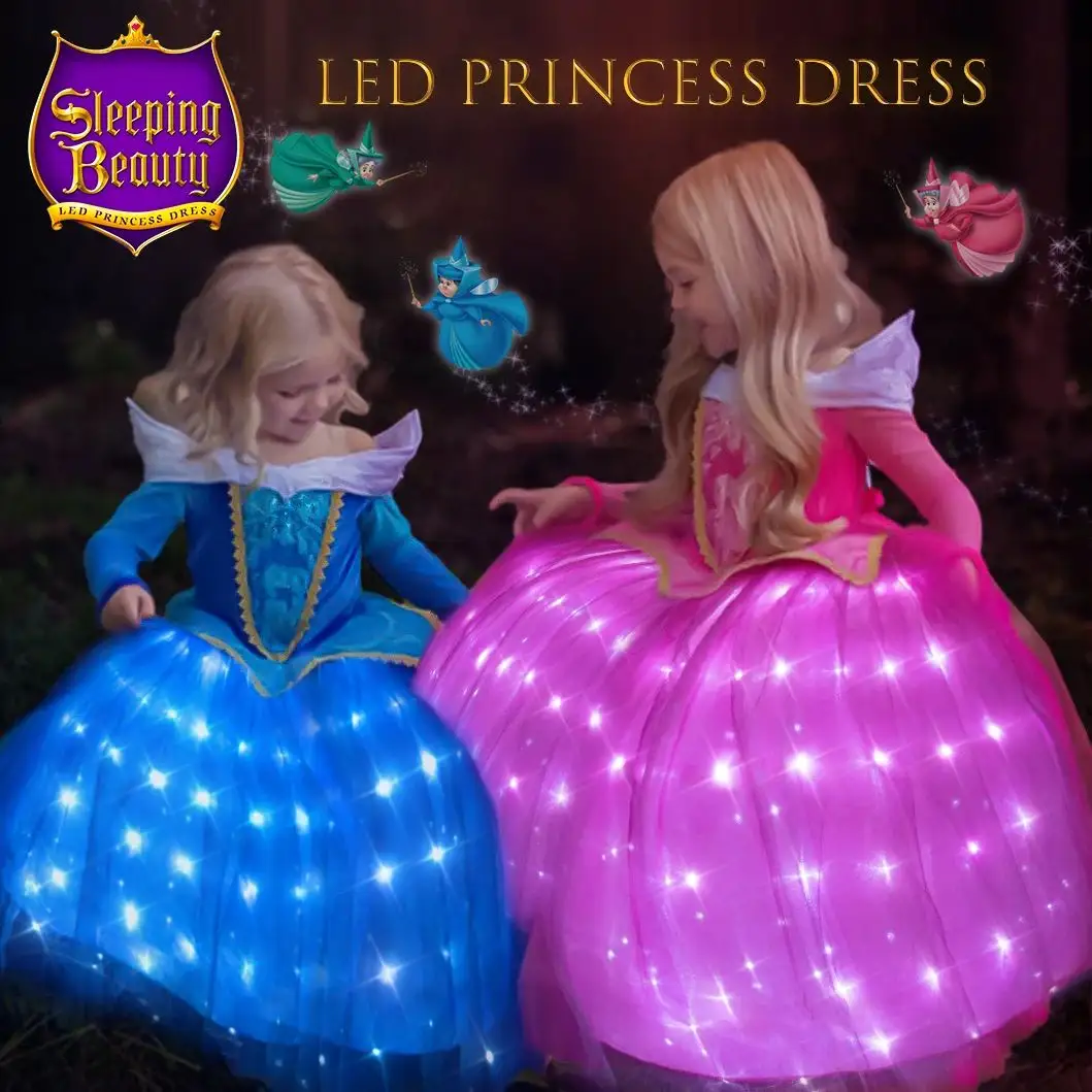 Uporpor uyku güzellik Aurora prenses kızlar için LED elbise çocuklar Charm Cosplay karnaval elbise Up giysileri doğum günü partisi kostüm
