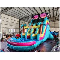 Toboggan aquatique gonflable commercial de 20 pieds en PVC, motif palmier et lunettes de soleil, avec piscine, toboggan tropical pour locations événementielles