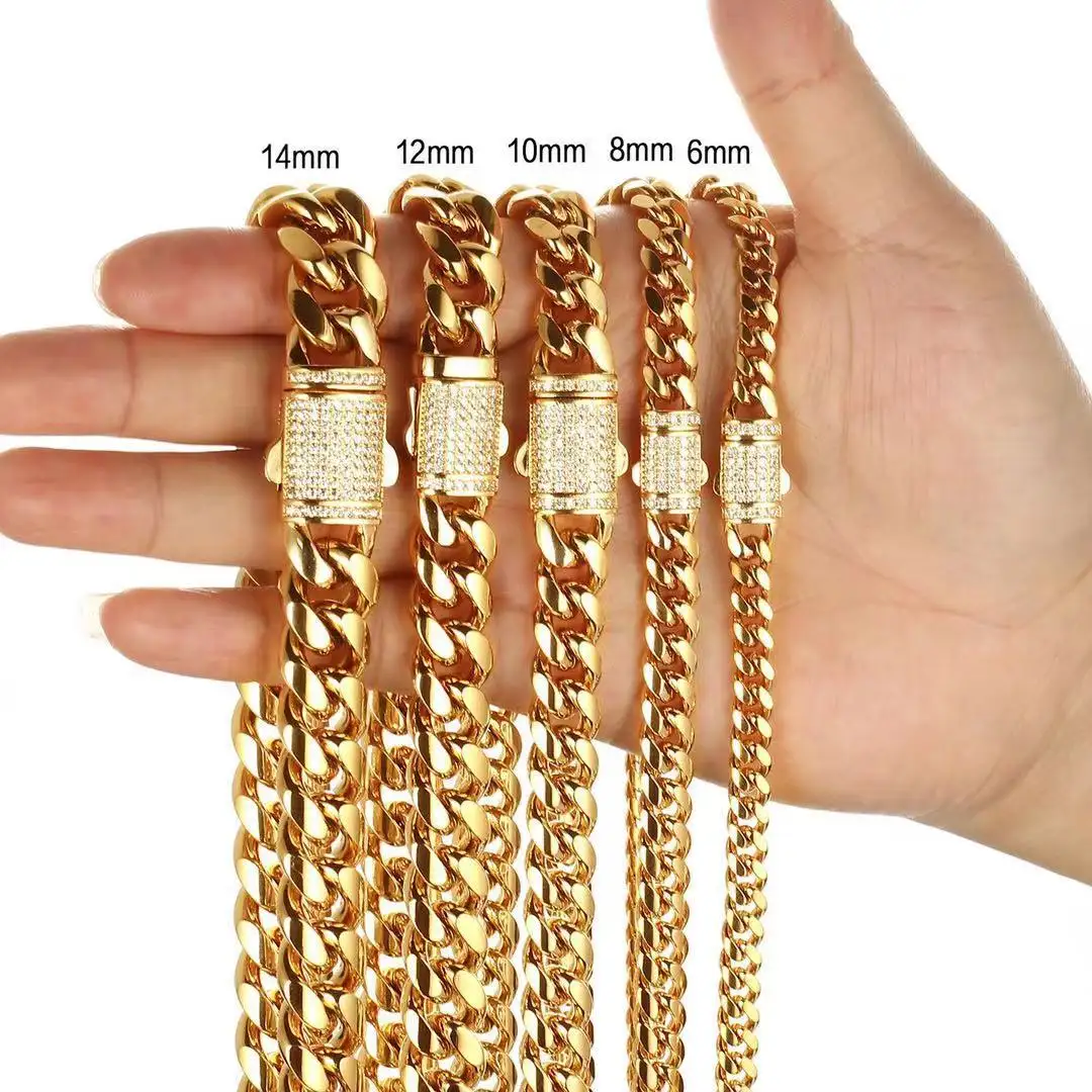 Luxury Real Gold Plated Zircon Box Lock Big Heavy Cuban Chain Necklaces 316L Stainless Steel Miami Cuban Link Chain Necklaces
