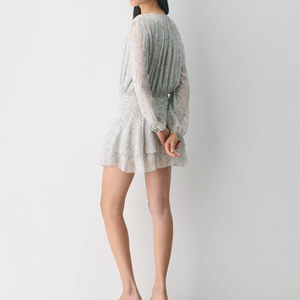 Light Blue Beige Paisley casual <b>skirt</b> Print Tie Neck Long Sleeve <b>Elastic</b> Waist Ruffle Hem Flowy Mini Dress - Product Image 5