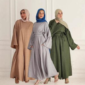 Women Abaya 2 Piece Set Cheap Modest Sets Abaya <strong>Dress</strong> With Solid Belted - Product Image 6