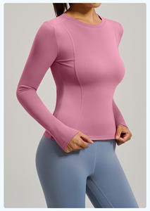 Hauts de sport pour femmes à manches longues, coupe ajustée, séchage rapide, en Spandex/Nylon, respirants, légers, pour fitness et yoga, avec taille ajustée, col ras du cou - Product Image 3