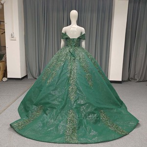 ANY205 Vestido de noche verde esmeralda brillante con encaje bordado - Product Image 3