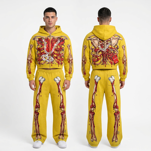 Conjunto de Sudadera con Capucha y Pantalones Deportivos para Hombre, Estampado de Esqueleto Amarillo, Estilo Urbano, Impresión Digital, Poliéster, Dos Piezas, Ropa de Otoño - Product Image 6