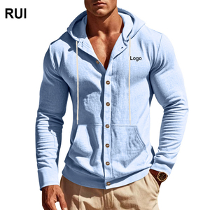 RUIQUWIN-Sudadera con capucha informal de lino para hombre, con cordón abotonado, manga larga, estilo playero, ropa exterior holgada para el verano - Product Image 1