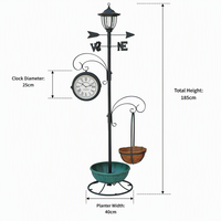 Support de pot de fleurs solaire avec horloge extérieure, aiguille à vent, panier en fibre de coco et cadre en fer recourbé thermolaqué – Décoration de jardin quotidienne