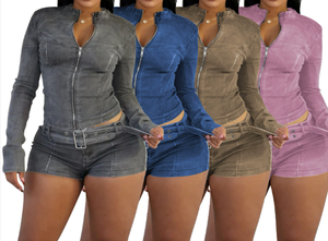 Retro Grey <span class=keywords><strong>Fashion</strong></span> Stretch Denim Zweiteilige Sets Damen Langarm Reiß verschluss Crop Top und Gürtel Shorts Outfits - Product Image 2