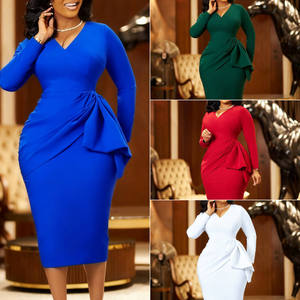 Ultimo Modello di Abito Casual Autunnale con Scollo a V, Maniche Lunghe e Arricciature, Elegante Vestito da Ufficio per <span class=keywords><strong>Donne</strong></span> Africane - Product Image 2