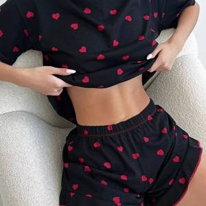 Abbigliamento da notte in due pezzi Casual dimagrante estivo da donna a manica corta morbida con collo a cuore con stampa dolce e piccante - Product Image 2