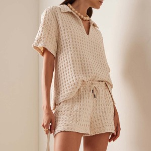 Suéter Casual Personalizado Antiarrugas con Cuello en V para Mujer, de Manga Corta, Tejido Waffle, 100% Algodón, para <span class=keywords><strong>Primavera</strong></span>, <span class=keywords><strong>Verano</strong></span>, Otoño e <span class=keywords><strong>Invierno</strong></span> - Product Image 1