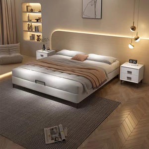 Lit plateforme moderne minimaliste en cuir et bois massif, taille double 1,8 m, style tatami bas avec rangement, pour petits appartements, sans tête de lit - Product Image 2
