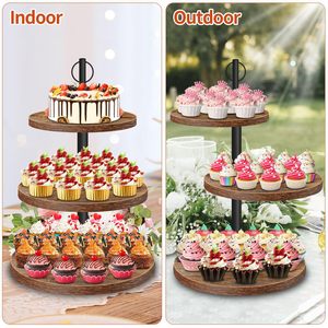 Estante de madera de tres niveles para postres, soporte redondo de varias capas para exhibir pasteles, para uso en bodas y fiestas, duradero. - Product Image 2
