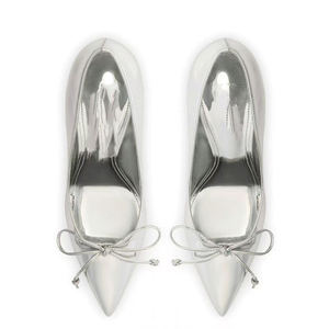 Zapatos de Tacón Alto y Fino para Mujer, Talla Grande 46, Punta Puntiaguda, Color Plateado, Sandalias de Charol, Estilo Stiletto, para Pies Anchos, con Lazo Delantero - Product Image 5