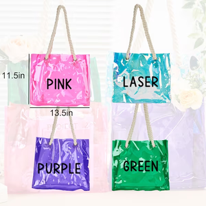 Sac fourre-tout en PVC rose imperméable personnalisé avec logo, sac de plage holographique transparent avec poignée en coton épais - Product Image 4