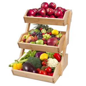 Customized Countertop Fruit Vegetable Holder 3 Tiers Fruits Basket Storage Basket Bamboo Storage Trays Fruit Baskets