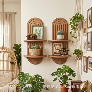 Wooden <b>Wall</b> <b>Mounted</b> Candle Holder Display Rack Arched Double Layer <b>Shelf</b> Vase Stand Natural Wood Color Geometric Design - Product Image 3