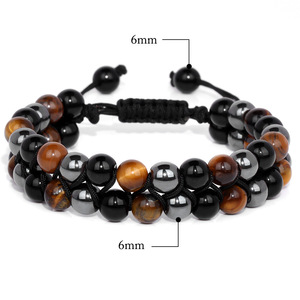 Bracelet ajustable tressé double couche en pierre naturelle œil de tigre et <span class=keywords><strong>hématite</strong></span> 6 mm pour homme, triple protection, style vintage, cadeau - Product Image 2
