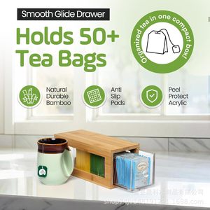 Wooden Pull Out <b>Tea</b> Bag <b>Box</b> With Acrylic Drawer Rectangle Storage Organizer For Desktop Use - Product Image 3