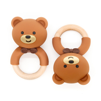 Anneau de dentition en bois naturel sans BPA avec motif animal, hochet en silicone pour bébés