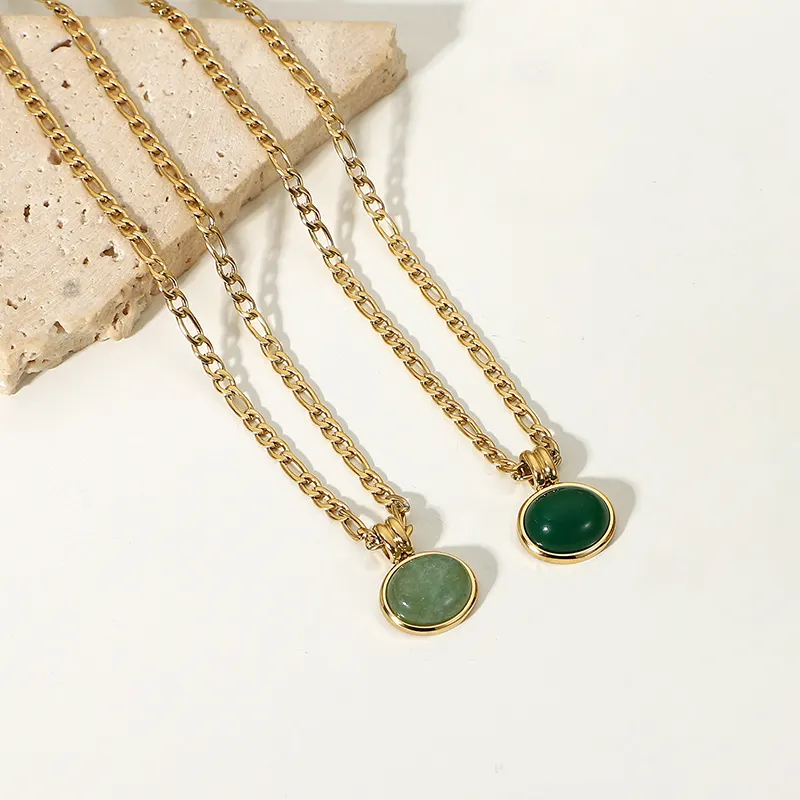 Green Jade Jewelry 14K Gold Plated Stainless Steel Figaro Chain Link Waterproof Natural Stone Pendant Necklaces for Women