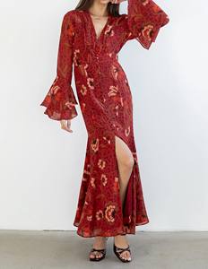 <span class=keywords><strong>Robe</strong></span> longue vintage rouge à fleurs en mousseline pour femme, manches cloche, col en V, fente haute, <span class=keywords><strong>style</strong></span> bohème, idéale pour les vacances - Product Image 4