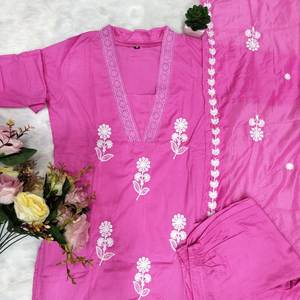 Elegante color rosa puro algodón tipo 3 piezas Kurti Set Dupatta diseñador indio traje elegante étnico fiesta desgaste hasta el suelo - Product Image 5