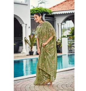 Sari en satin élégant avec des embellissements de perles complexes, tenue ethnique stylée pour mariage, anniversaire, réception - Product Image 1