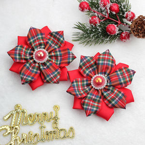 2개/세트 크리스마스 축제 레드 플래드 파스텔 꽃 리본 헤어핀 진주 장식 여자아이 키즈 헤어 액세서리 - Product Image 4