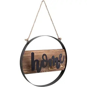 Hanging Decorative Home Round Wood and Black Metal Sign with Twine