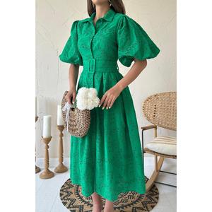 Vestido Corto Elegante de Oficina para Mujer con Mangas Abullonadas Verdes, Cinturón y Volantes, Tallas 2XL 3XL, Ideal para Otoño - Product Image 1